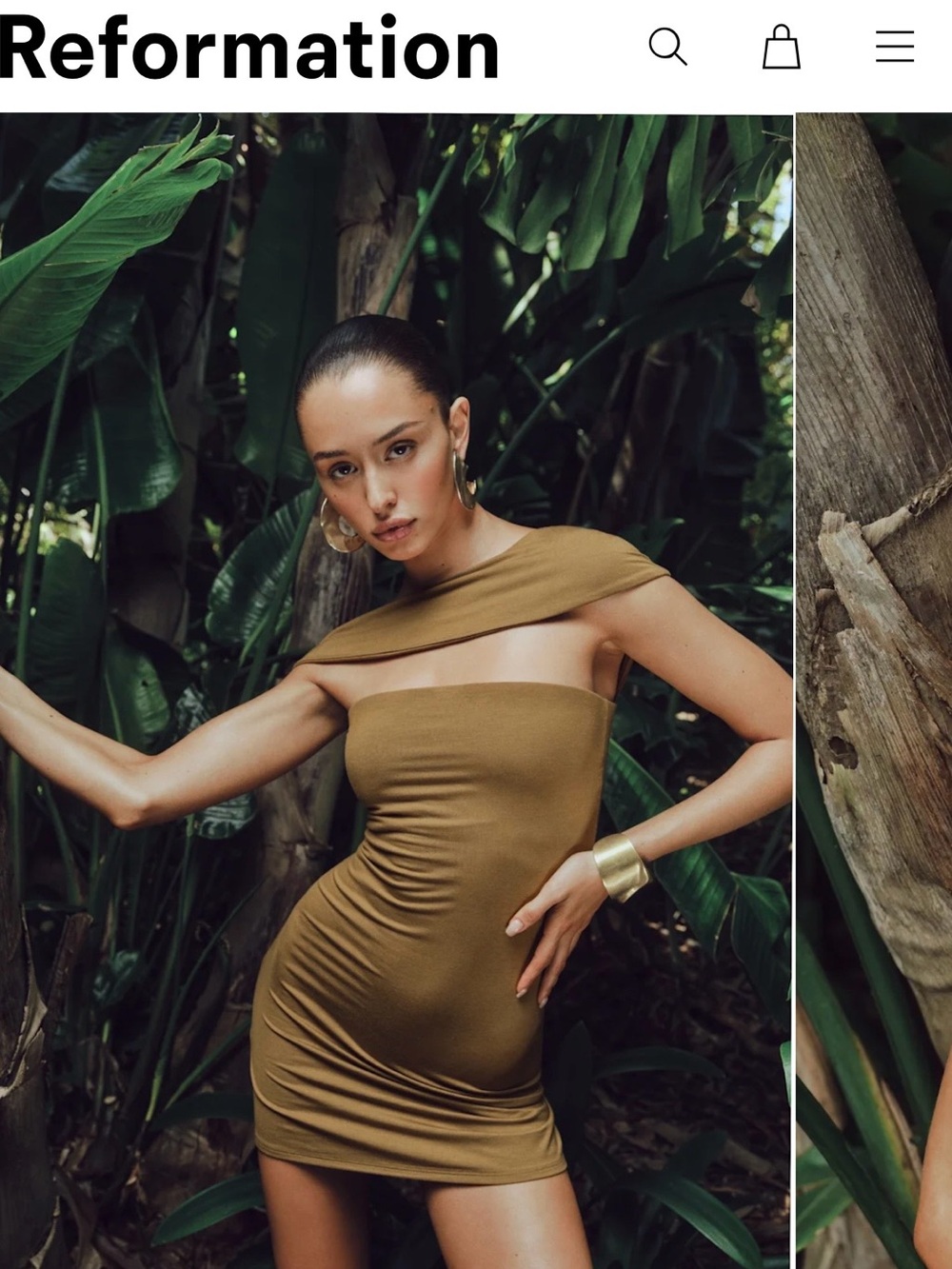 Reformation One-Shoulder Mini Dress in Olive/Tan